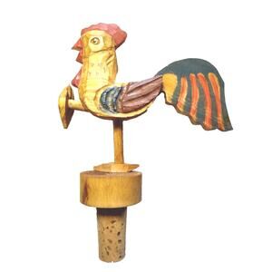 Mechanical Rooster Hen Kicking Foot Bottle Stopper Carved Wood Barware Cork Anri